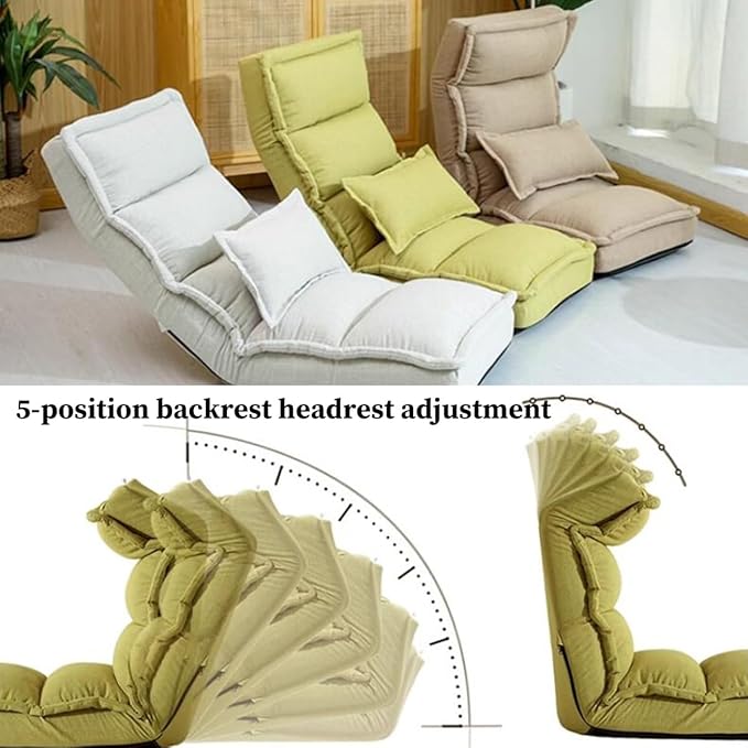 Floor Chairs for Adults Floor Lounger with 5-Position Adjustable Backrest and Headrest Folding Floor Gaming Chair Folding Lazy Sofa Chair for Living Room Bedroom(/Khaki)