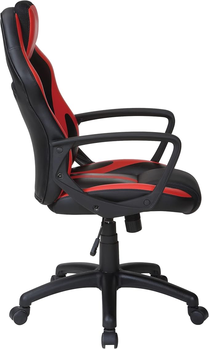 OSP Home Furnishings Influx Adjustable Faux Leather Gaming Chair with Lumbar Support and Full 360 Rotation Red Accents