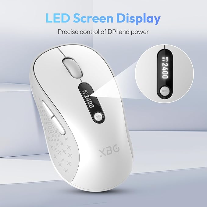 XBG B15pro Wireless Bluetooth Mouse Bluetooth 5.0/4.0 &amp 2.4G Tri-Mode Type-C Rechargeable with LED Screen Display Ergonomic Silent Click for Laptop/PC/Tablet Multi-Device &amp Office Use-Whit