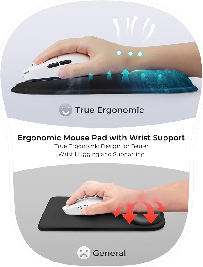 Blue Ocean and Moon Aesthetic Ergonomic Mouse Pad for Carpal Tunnel Pain Relief 65% Usable Mouse Area Memory Foam Concave Wrist Rest for Office PC Gaming
