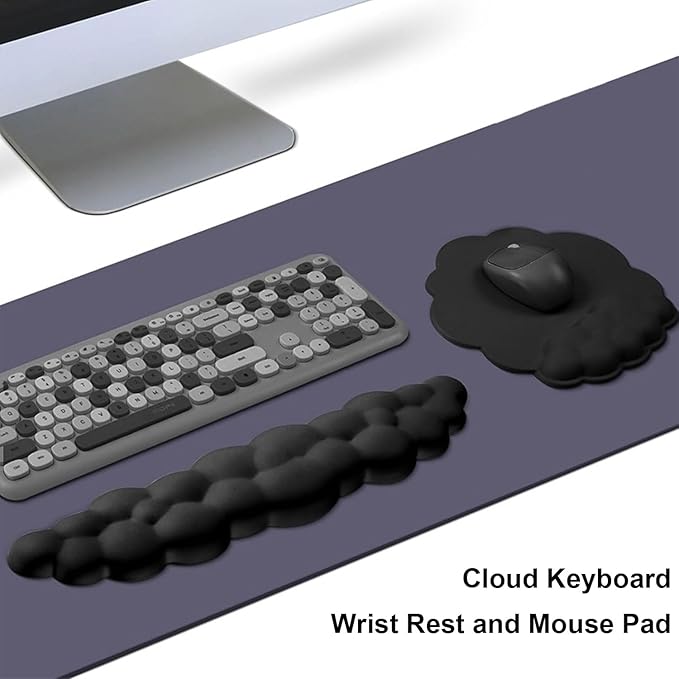 Cloud Keyboard Wrist Rest and Mouse Wrist Rest Kawaii Memory Foam Wrist Support Mouse Pad for Typing Pain Relief Cloud Palm Rest with Mousepad Non-Slip Base for Home Office Computer Laptop (Black)