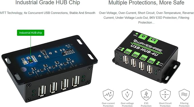 Industrial Grade USB HUB Extending 4X USB 2.0 PortsCompatible with USB 2.0/1.1 up to 480Mbps Data Rate Support Windows 11/10 / 8.1/8 / 7 / XPetc.Onboard Multiple Protection Circuit