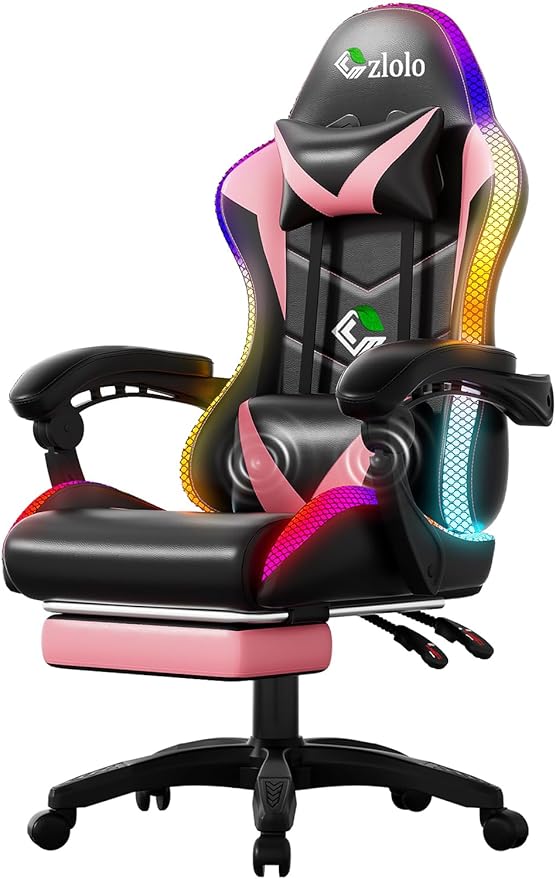Gaming Chair RGB LED Lights Computer Chair with Footrest Lumbar Support Massager Gamer Chair High Back 90-135° Reclining Linkage Armrests Pink