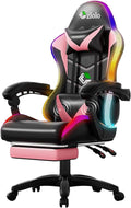Gaming Chair RGB LED Lights Computer Chair with Footrest Lumbar Support Massager Gamer Chair High Back 90-135° Reclining Linkage Armrests Pink