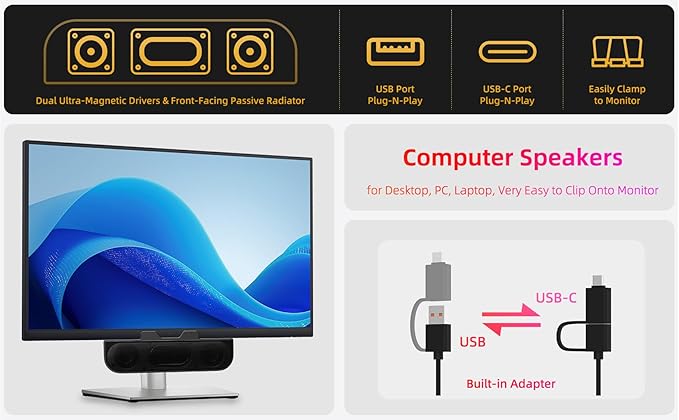 Computer Speakers for Desktop PC Monitor Speakers USB Plug-in Wired External Speaker for Laptop Small Computer Soundbar for PC with Loud Sound Deep Bass USB-C Adapter Easily Clamp to Monitor