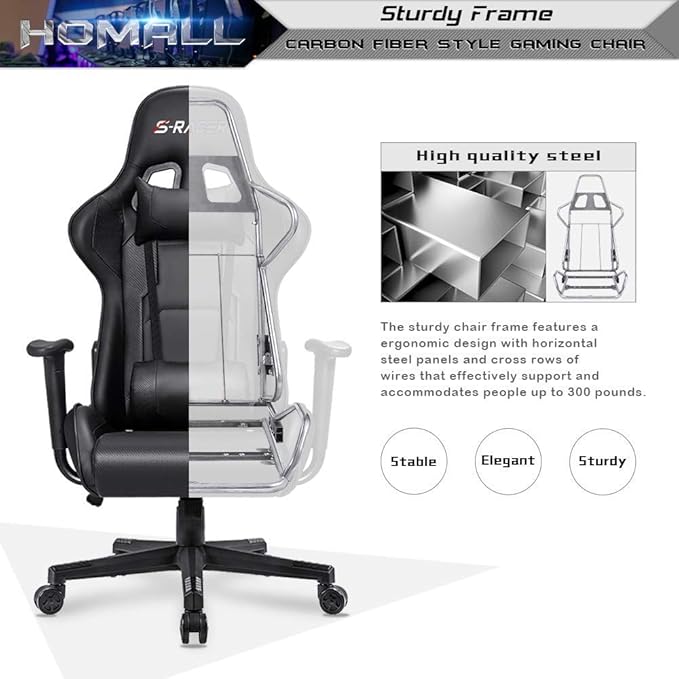 Homall Gaming Chair Office Chair High Back Computer Chair Leather Desk Chair Racing Executive Ergonomic Adjustable Swivel Task Chair with Headrest and Lumbar Support (Dark Black)