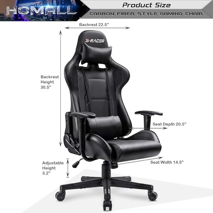 Homall Gaming Chair Office Chair High Back Computer Chair Leather Desk Chair Racing Executive Ergonomic Adjustable Swivel Task Chair with Headrest and Lumbar Support (Dark Black)