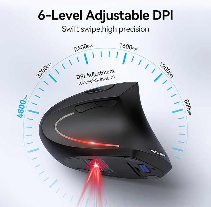 TECKNET Ergonomic Mouse Wireless Bluetooth Vertical Mouse 4800 DPI Optical Tracking 6 Adjustable DPI Quiet Clicks 2.4GHz with USB A Receiver 12 Months Battery 6 Buttons Wide Compatibility