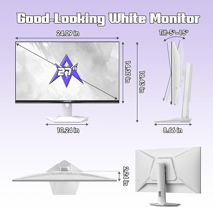 Amzfast 27 inch 1440P 200Hz/180Hz White Gaming Monitor 2K QHD (2560 ×1440)MPRT 1ms Fast IPS | HDR400 &amp TÜV Rheinland Eye Care &amp 12 Months Exchange (HDMI &amp DP Cable)