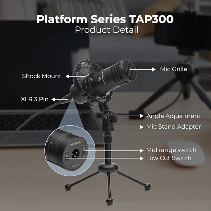 Platform Series TAP500 Cardioid Dynamic Broadcast Microphone for Podcast Recording Music Speech Wide-Range Frequency Natural Sound Mid-Boost Streaming Studio Low-Cut
