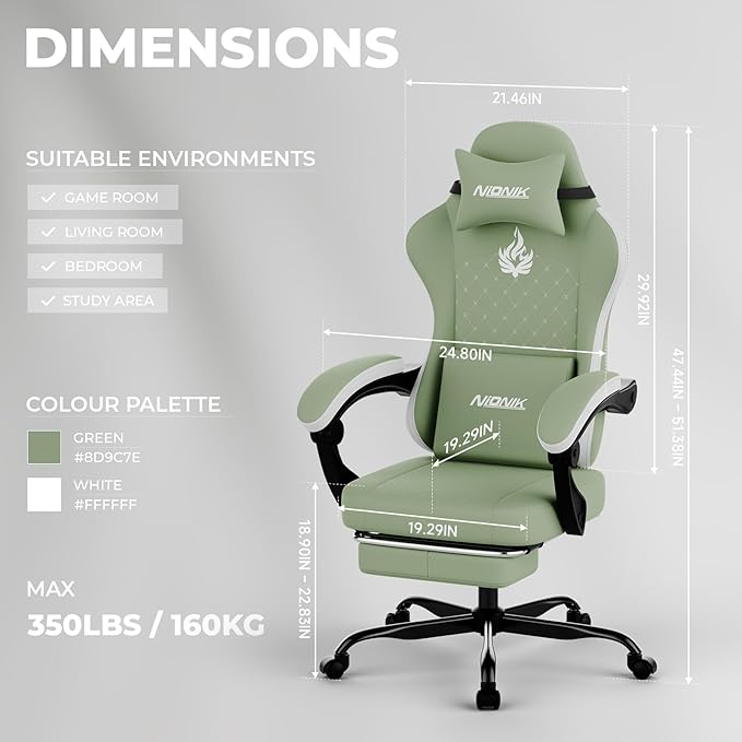 Gaming Chair with MassageErgonomic PC Gaming Chair Computer Chairs with Footrest Comfortable Headrest and Lumbar Support High Back GREENWHITE