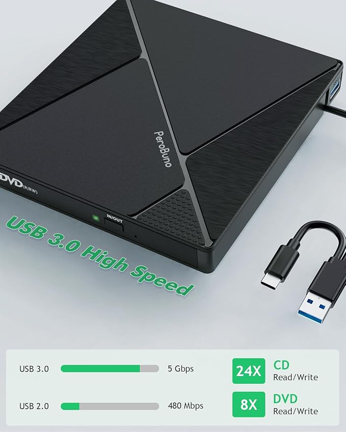 PeroBuno External CD DVD Drive USB 3.0 Optical Disc Drive 4 USB Ports and 2 TF/SD Card Slots CD DVD Burner Writer Reader Player for Laptop MacBook iMac Desktop PC Windows 11/10/8/7/XP Linux Mac OS