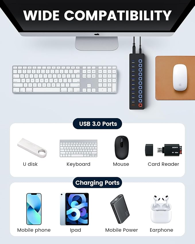USB hubPowered USB hub 11-Port hub Splitter10 USB 3.0 Data Transfer Port + 1 Smart Charging PortIndependent Switch (with LED Working Indicator) USB 3.0 Hub Powered with Power Adapter for Mac/PC