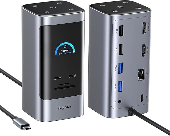 RayCue 14 in 1 Docking Station Dual Monitor 2 * 4K HDMI 6 USB Ports 5 Shortcut Button 1Gbps Ethernet PD3.0(No Power Adapter) Laptop Docking Station for Dell/HP/Lenovo/Asus/Acer/Mac