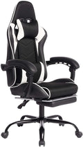 Gaming Chair with Footrest &amp Massage Comfortable Game Chair for Adults Gaming Desk Chairs with Headrest and Lumbar Cushion for Work and Study Adjustable Height Ergonomic (Black+White)