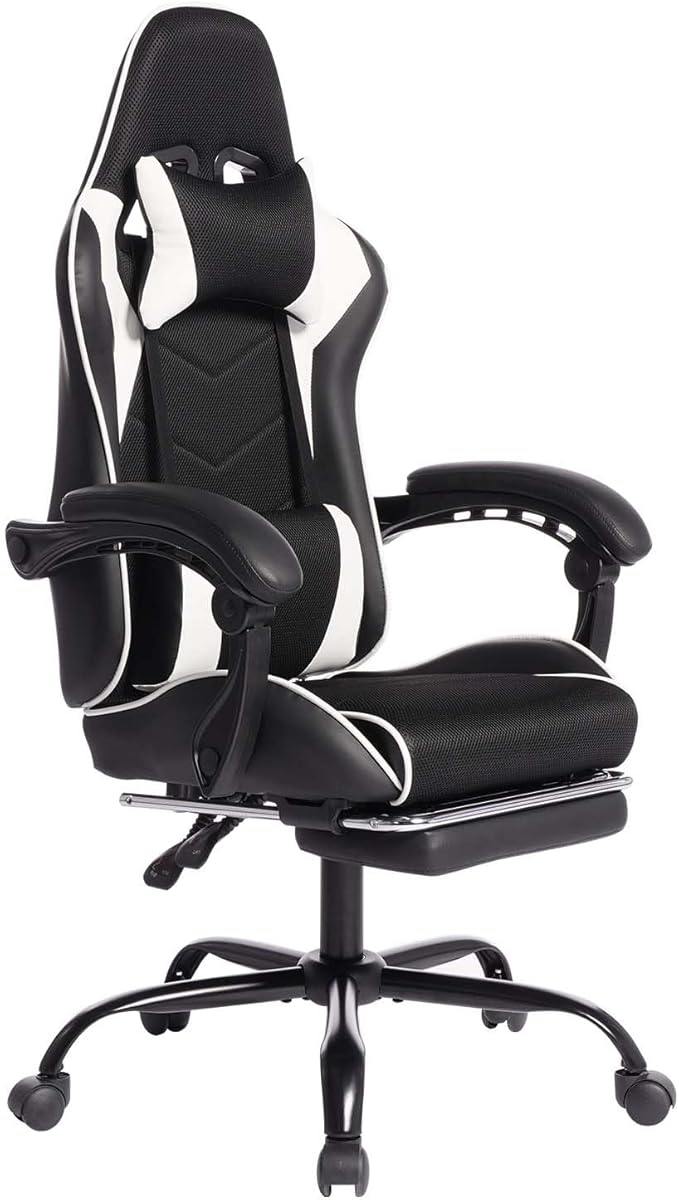 Gaming Chair with Footrest &amp Massage Comfortable Game Chair for Adults Gaming Desk Chairs with Headrest and Lumbar Cushion for Work and Study Adjustable Height Ergonomic (Black+White)