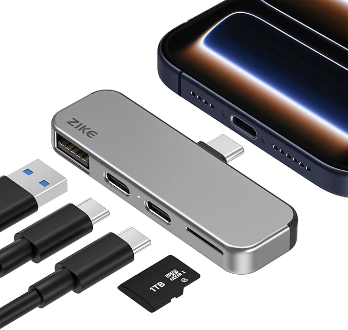 ZIKE USB-C iPhone Hub 4-in-1 Type-C Adapter for Data Transfer Micro SD/TF Card Reader USB3.2 Gen2 10Gbps*2 USB-A and PD3.0 Charging Port Hub for iPhone 17/16/15 Pro/Android/iPad/MacBook