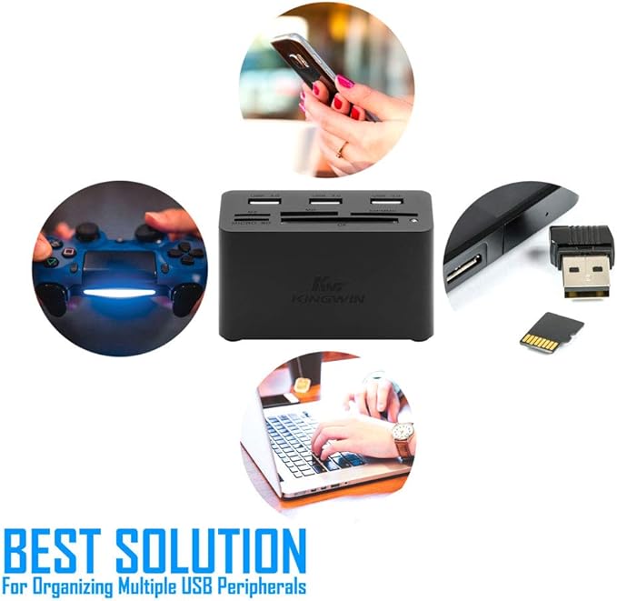 Kingwin USB HUB Adapter w/ Memory Card Reader Writer &amp USB 3.0 HUB Combo - Supports High Speed SD MS Micro M2 CF Card Reader For Macbook Laptop Desktop - Includes USB Cable 5 Gbps Speed Black