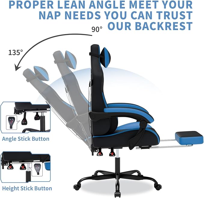 Gaming Chair with Footrest Gaming Chairs PVC Leather Ergonomic Office Gamer Chair Headrest Lumbar Support Racing Style Video Gaming Chair for Office (Black Blue)