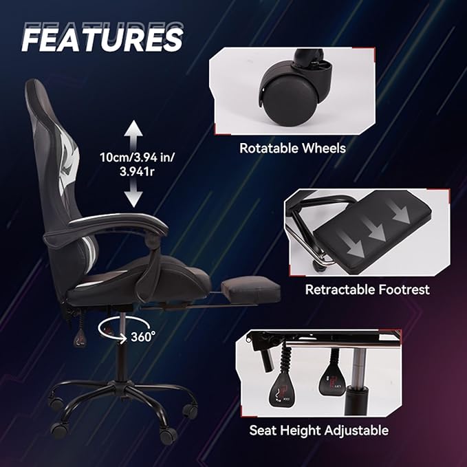 Gaming Chair Computer Chair with Footrest and Lumbar Support &amp LED Height Adjustable Game Chair with 360°-Swivel Seat and Headrest and for Office or Gaming