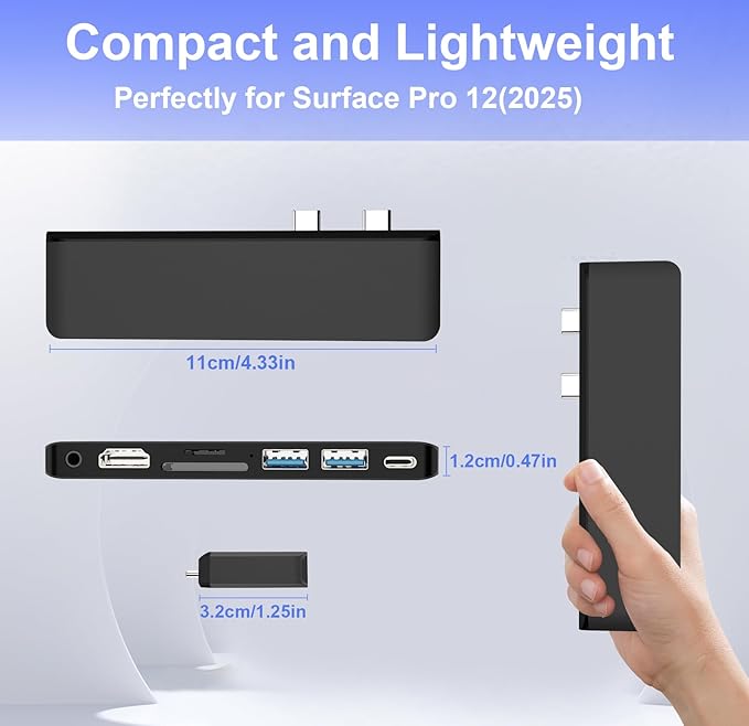 Surface Pro 12 USB Hub Adapter Docking Station with 4K HDMI USB-C Thunderbolt 4 (Display+Data+100W PD) 2 USB 3.0 3.5mm Audio SD/TF Card Slot Accessories for Surface Pro 12 inch 2025