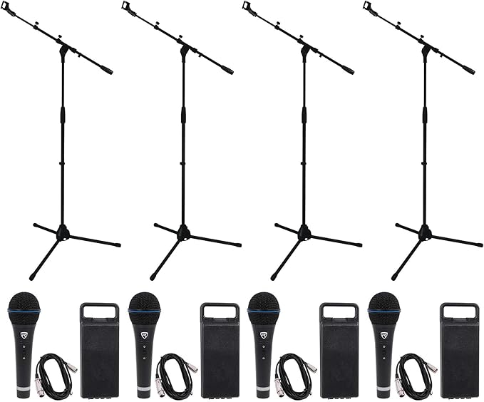 Rockville RMM-XLR Bundle: (4) Dynamic Cardioid Metal Microphones with 10 ft XLR Cables (4) RVMIC1 V2 Pro Tripod Microphone Stands for Stage or Studio Use 8-Items
