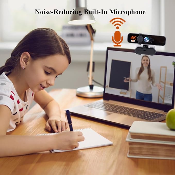 GIZNXBA 4K Webcam with Microphone 120° Wide-Angle Lens Privacy Cover Autofocus Auto Light Correction Smart Auto Beauty USB Webcam Plug and Play for Laptop PC Desktop