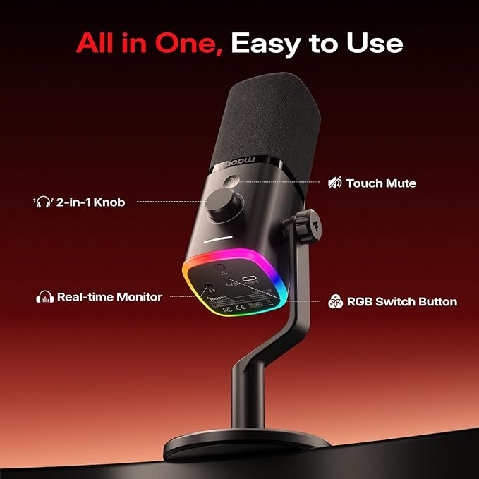 MAONO PD100W USB Wireless Microphone for PC Gaming Streaming Dynamic Mic with One-Click Noise ReductionMute ButtonCustom RGB 3.5mm Headphone Jack Desktop Podcasting Mic for Computer Phone Black
