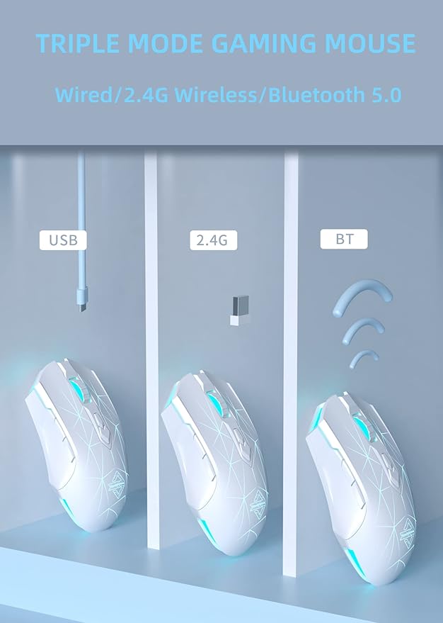 AJ52PRO Watcher 2.4G Wireless/ Bluetooth 5.0/ Wired Gaming Mouse 10000 DPI Programmable 7 Buttons Ergonomic LED Backlit USB Gamer Mice Computer Laptop PC for Windows Mac Linux OS Star White