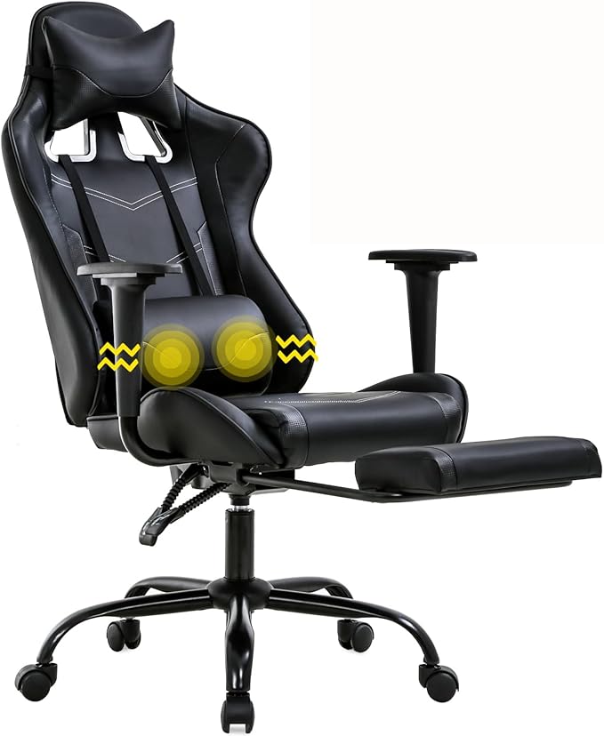 Ergonomic Gaming Chair for Adults Adjustable High-Back Computer Desk Chair with Lumbar Support and Footrest Leather Office Chair for Gaming Big and Tall Comfy Gamer Chair (Black)