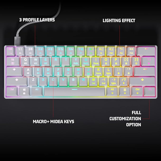 60% Mechanical Gaming Keyboard - 61 Keys Red Switch Quiet Office Computer Keyboard - Multi Color RGB Rainbow Led Backlit - Programmable for PC/Windows/Mac/Gamer - USB Wired - White