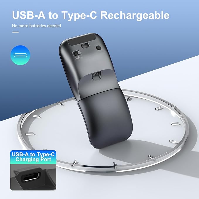 Wireless Mouse Bendable –Rotating Design Dual Mode (BT+ 2.4GHz) arc Rechargeable Travel Wireless Mouse for Microsoft Laptop PC Tablet Graphite Black