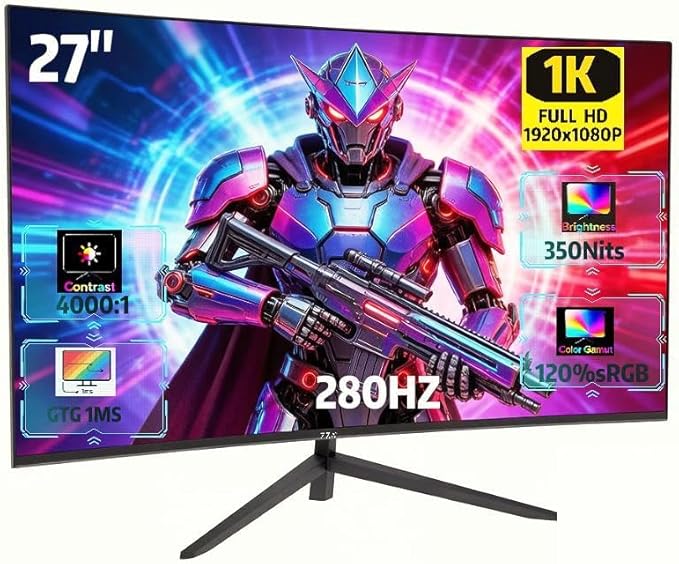 ZZA 27 Curved Gaming Monitor 280Hz FHD 1080P 1800R VA Panel 120% sRGB AMD FreeSync 1ms GTG Esports Ready Display Flicker-Free HDMI &amp DP VESA Mount - Black