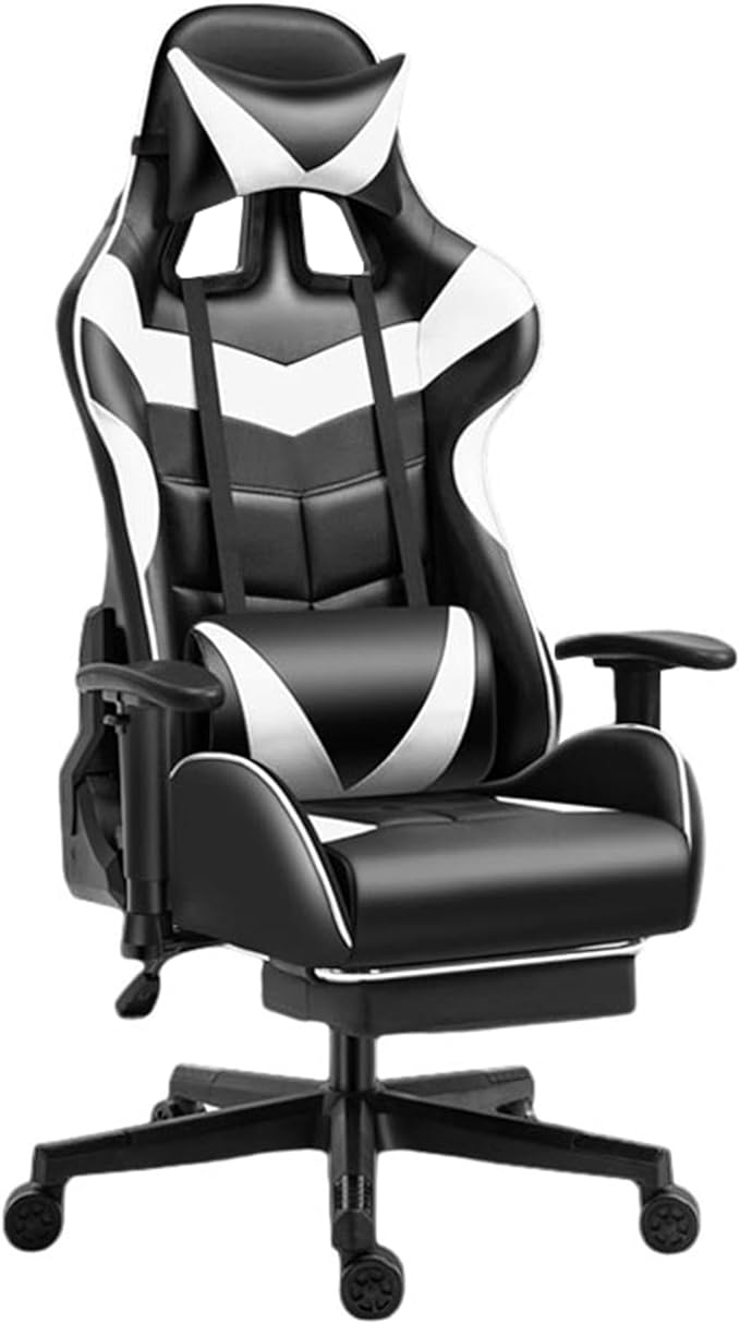 Ergonomic Gaming Chair with Footrest and Lumbar Support Pu Leather High Back Video Game Chairs Height Adjustable Computer Chairs with HeadrestWhiteHeight 128138CM