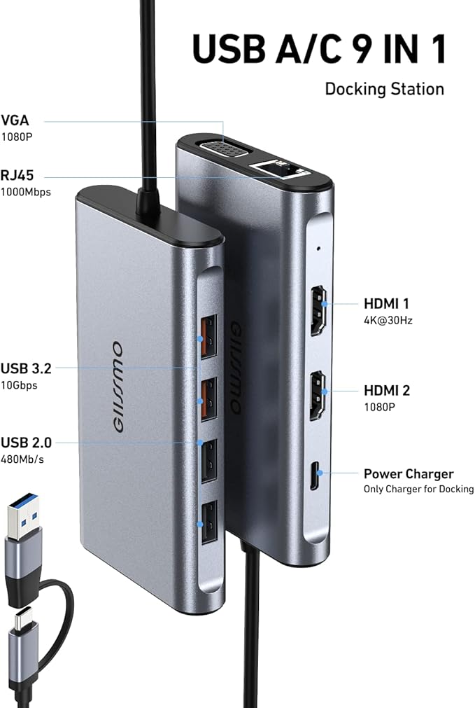 USB Docking Station Dual Monitor GIISSMO 9-in-1 USB A 3.0 / USB C Docking Station Triple Monitor with 2 HDMIVGA 10Gbps USB 3.1 Gigabit Ethernet Triple Display for Mac &amp MacBook &amp Windows