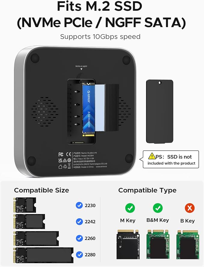 ORICO StudioLink Mac mini Hub with SSD Enclosure &amp 7-in-1 Ports | NVMe/SATA M.2 SSD Dock for Mac mini M1/M2/Mac Studio | 10Gbps USB-C SD/TF Card Reader 3.5mm Audio Aluminum Alloy