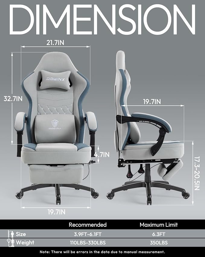 Dowinx Gaming Chair Breathable Fabric Game Chair with Gel Pad and Storage Bag Comfortable Gamer Chair with Pocket Spring Cushion Ergonomic Computer Chair with Footrest Grey and Blue