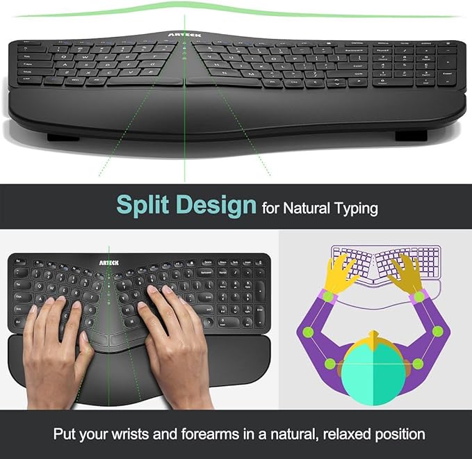 Arteck Split Ergonomic Keyboard with Cushioned Wrist and Palm Rest 2.4G USB Wireless Comfortable Natural Ergonomic Split Keyboard for Windows Computer Desktop Laptop