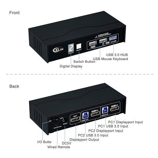 CKLau DP 1.2 Dual Port Displayport KVM Switch with All Input Cables for 2 Computers 1 Monitor Support Digital Display Compatible 4096x2160@60Hz 2560x1440@6144Hz