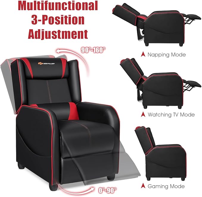 Goplus Massage Gaming Recliner Chair Racing Style PU Leather Single Recliner Sofa with Footrest Adjustable Modern Living Room Recliners Ergonomic Home Theater Recliner Seat (Red)
