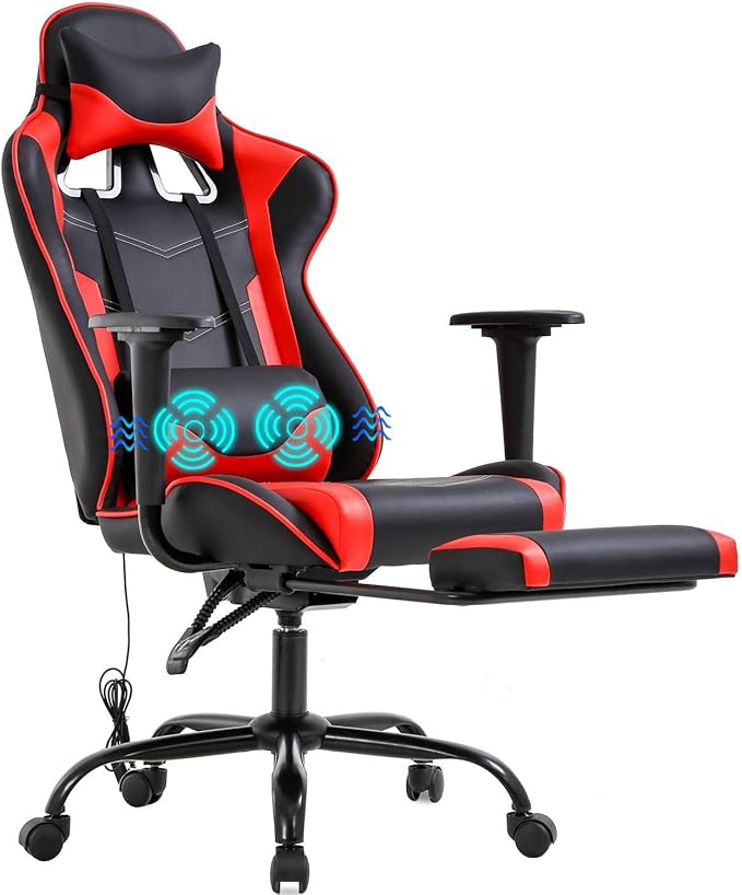 Gaming Chair Video Game Chair with Lumbar Support and Footrest Height Adjustable Ergonomic Computer Gaming Chair with 360° Swivel Seat and Headrest and for Office or Gaming (Red)