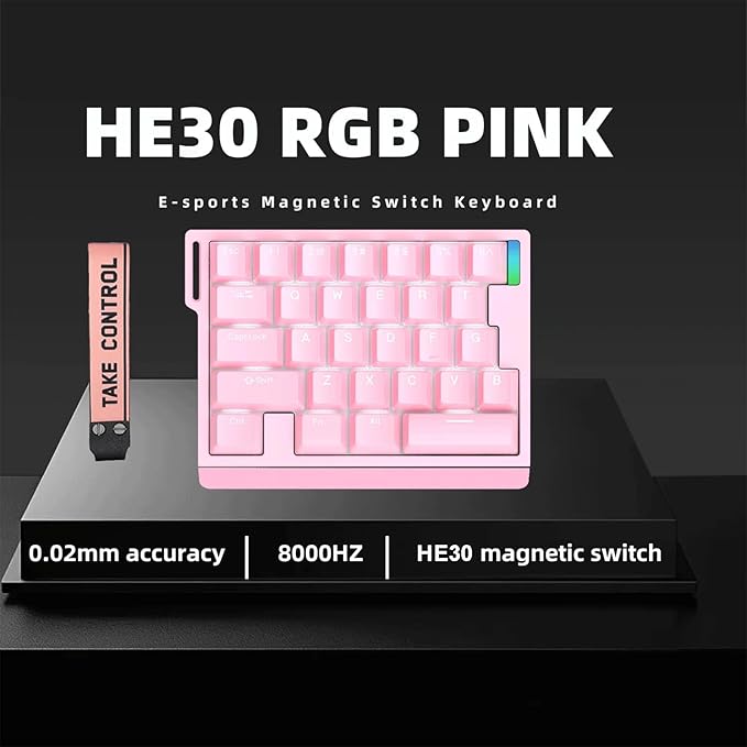 HE30 Rapid Trigger Magnetic Switch Gaming KeyboardOne-Handed Hall Effect RGB HotSwap Adjustable Actuation 8kHz Hyper Fast Mini Macro Gasket E-Sports Keypad Ergonomic Mechanical Keyboard (Pink)