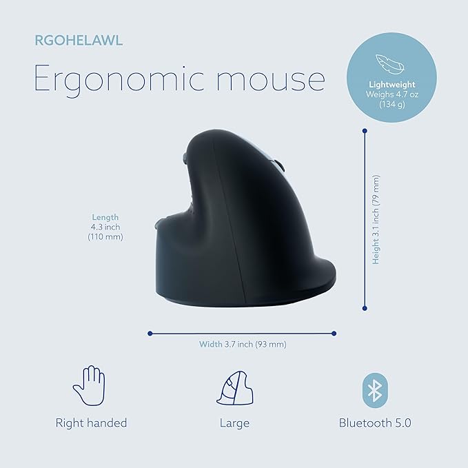 R-Go HE Vertical Ergonomic Mouse Wireless Bluetooth 5.0 for Large Hand with Break Software Prevents Tennis Elbow/Mouse Arm RSI Silent Click 5 Buttons - Compatible Windows/MacOS Black