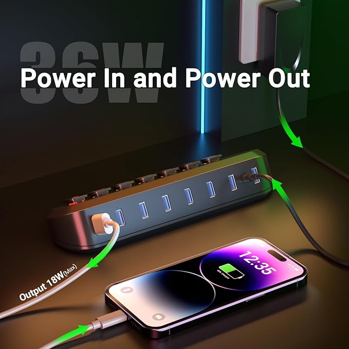 Powered USB Hub atolla 7-Port USB 3.0 hub (6 Superspeed Transfer Ports+ 1 Fast Charging Port) with Swappable Illuminated Icon Switch and 12V/3A Power Adapter for Windows MacOS ChromeOS Linux
