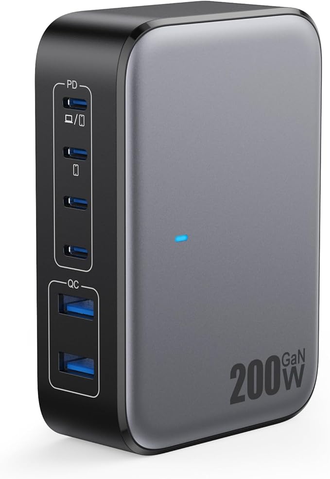 USB C Charger 200W USB Charging Block6 Ports GaN IV Foldable Wall Charger Outlet PlugQC4.0 Fast Charging Station HubPD 65W Laptop Adapter for MacBook Pro/AirDelliPhone 16/15GalaxySteam Deck