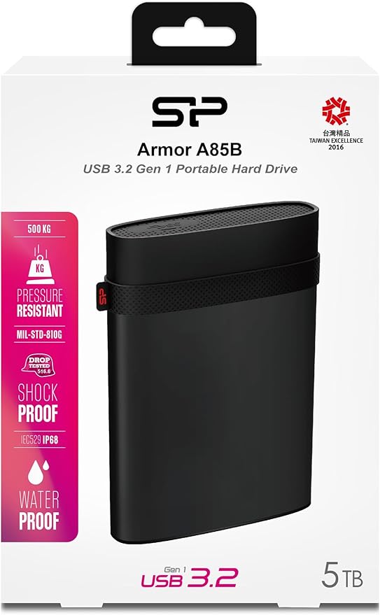 5TB Silicon Power Armor A85B Silver USB3.2 Gen 1 Rugged Portable Hard Drive Black