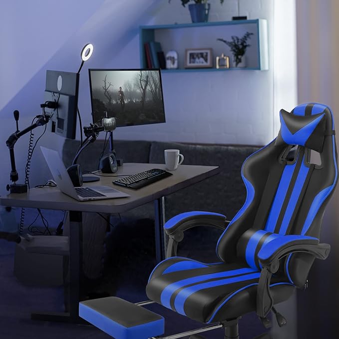 Racing Style PC Computer ChairComputer Gaming Chair E-Sports ChairErgonomic Office Chair with Height AdjustmentRetractable FootrestHeadrest and Massage Lumbar Support(Navy Blue)