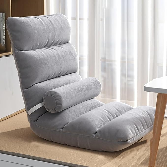 ELEFOCUS Floor Chair Adjustable for Adults 5 Adjustable Position Folding Floor Gaming Chair Lounger with Pillow for Reading(Light Gray C)