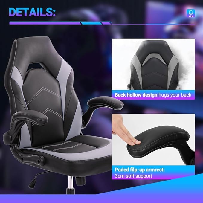 Heavy Duty Gaming Chair Ergonomic Gamer for Home Office with Lumbar Support Adjustable Backrest Flip-Up Armrest and Stable 360° Swivel Wheels for Adults Professional Gamers and Teens Black-Grey