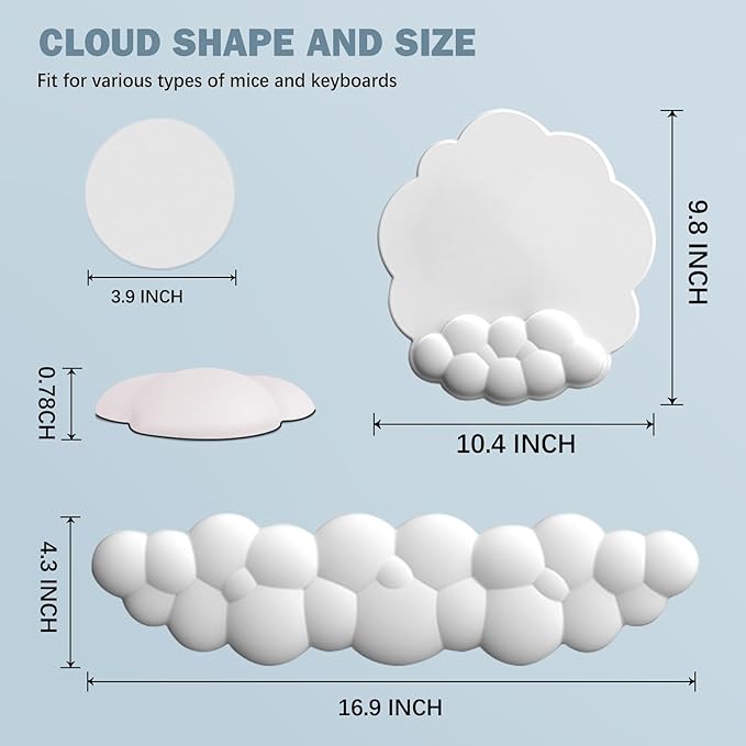 Cloud Keyboard Wrist Rest and Mouse Pad with Wrist Support Set Ergonomic PU Leather Mouse Pads Pain Relief Memory Foam Non-Slip Mousepad for ComputerLaptopWhite